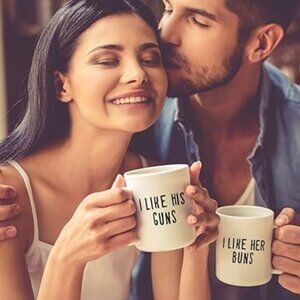 Pair of Guns and Buns Funny Mugs for‎ Couples Husband and Wife Coffee Mugs Gift